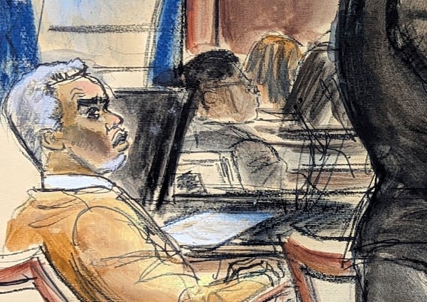 Sean "Diddy" Combs looks on as defense attorney Nicole Westmoreland cross examines Dawn Richard during Combs' sex trafficking and racketeering trial in Manhattan federal court, Monday, May 19, 2025, in New York. (Elizabeth Williams via AP)