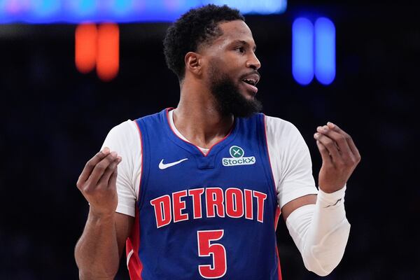 Detroit Pistons guard Malik Beasley reacts during the first half of Game 1 in an NBA basketball first-round playoff series against the New York Knicks, Saturday, April 19, 2025, in New York. (AP Photo/Julia Demaree Nikhinson)