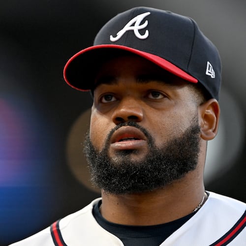 Atlanta Braves pitcher Reynaldo López reacts at the end of the second inning at Truist Park, Saturday, March 28, 2026, in Atlanta. (Hyosub Shin/AJC)