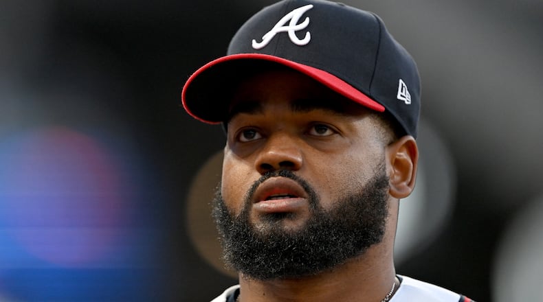 Atlanta Braves pitcher Reynaldo López reacts at the end of the second inning at Truist Park, Saturday, March 28, 2026, in Atlanta. (Hyosub Shin/AJC)