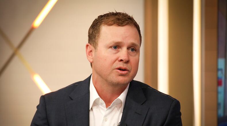 FILE - Spencer Pratt speaks during an appearance on "Fox & Friends" at Fox News headquarters, Jan. 28, 2026, in New York. (Photo by Andy Kropa/Invision/AP, File)