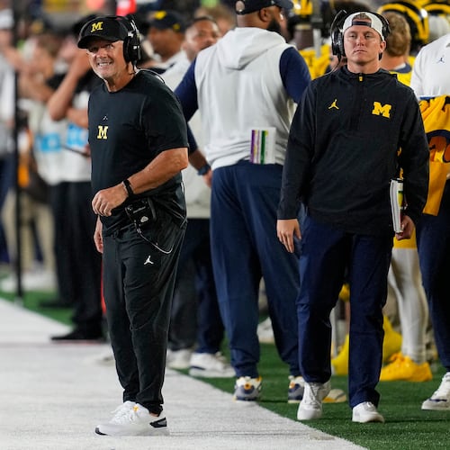 Michigan head coach Kyle Whittingham watches against Western Michigan during the first half of an NCAA college football game Saturday, Sept. 5, 2026, in Ann Arbor, Mich. (AP Photo/Paul Sancya)