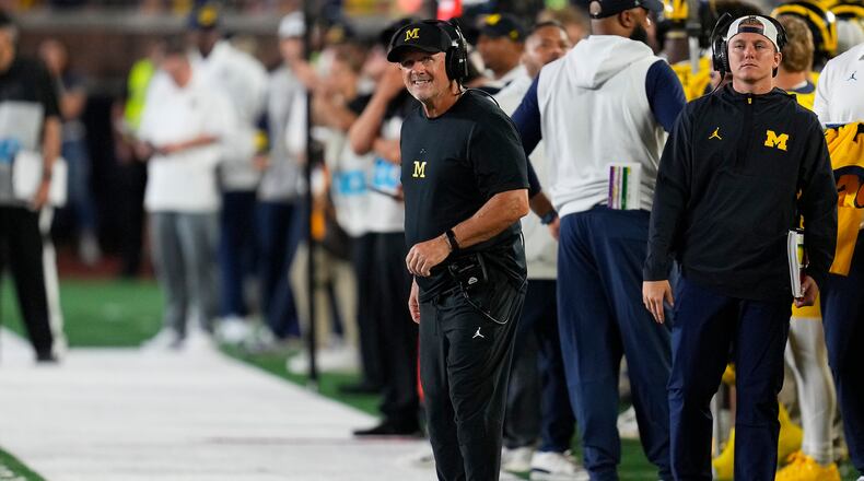 Michigan head coach Kyle Whittingham watches against Western Michigan during the first half of an NCAA college football game Saturday, Sept. 5, 2026, in Ann Arbor, Mich. (AP Photo/Paul Sancya)
