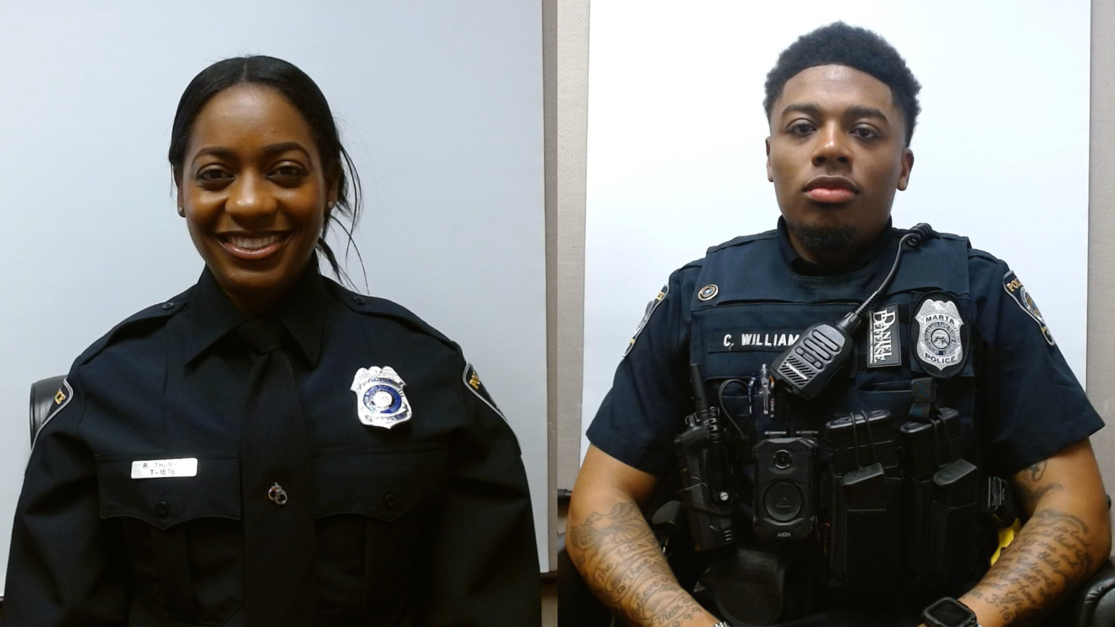 MARTA police officers Rayven Thomas (left) and Carlos Williams were injured in a shooting at the Five Points station late Thursday. (MARTA Police Department)