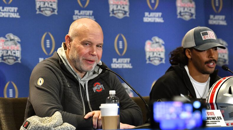 Ohio State’s defensive coordinator Jim Knowles speaks to members of the press during Ohio State press conference at The Westin Peachtree Plaza in Atlanta on Wednesday, December 28, 2022. (Hyosub Shin / Hyosub.Shin@ajc.com)