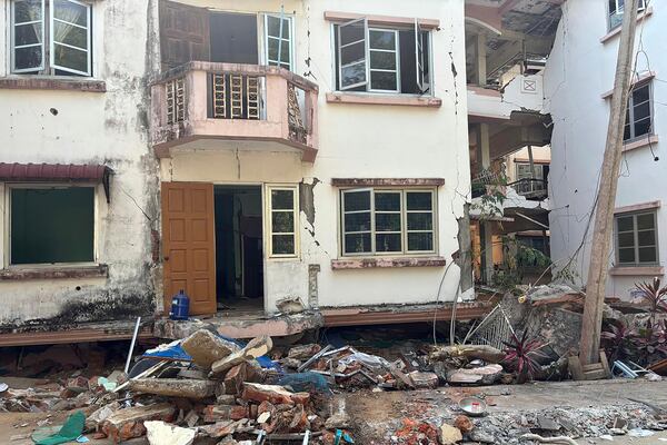 Damaged buildings are seen in the aftermath of Friday's earthquake in Naypyitaw, Myanmar, Wednesday, April 2, 2025. (AP Photo)