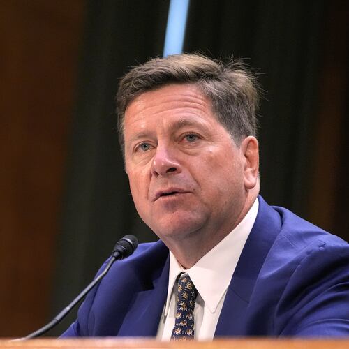 Jay Clayton testifies during a Senate Intelligence Committee confirmation hearing to be the next Director of National Intelligence on Capitol Hill, Wednesday, July 15, 2026, in Washington. (AP Photo/Mariam Zuhaib)