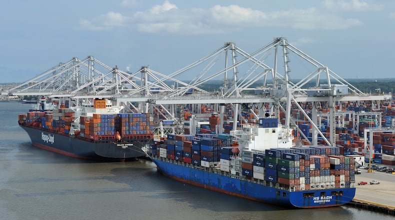 Ships are loaded and unloaded in the Port of Savannah in September 2014. BRANT SANDERLIN / AJC.