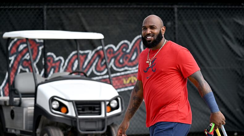 Atlanta Braves designated hitter Marcell Ozuna smiles after his indoor batting practice during spring training workouts at CoolToday Park, Sunday, February 16, 2025, North Port, Florida. (Hyosub Shin / AJC)