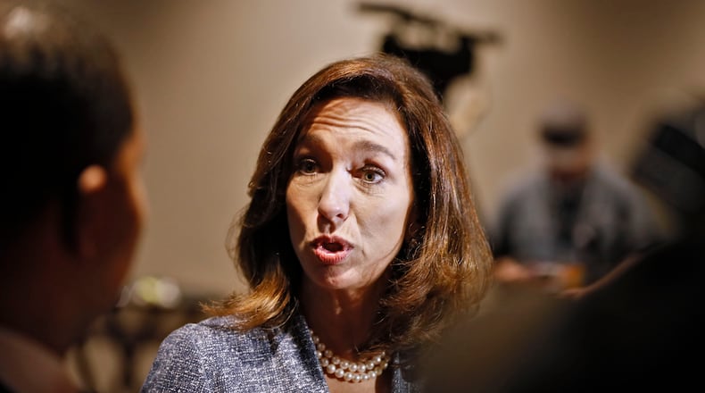 June 6, 2019 - Atlanta - Former Columbus Mayor Teresa Tomlinson, who is a candidate for the U.S. Senate, spoke with media before the session. DNC hosts its African American Leadership Council (AALC) Summit in Atlanta.  . This year's featured speakers will include 2020 presidential candidates Senator Cory Booker and Mayor Pete Buttigieg.  Bob Andres / bandres@ajc.com