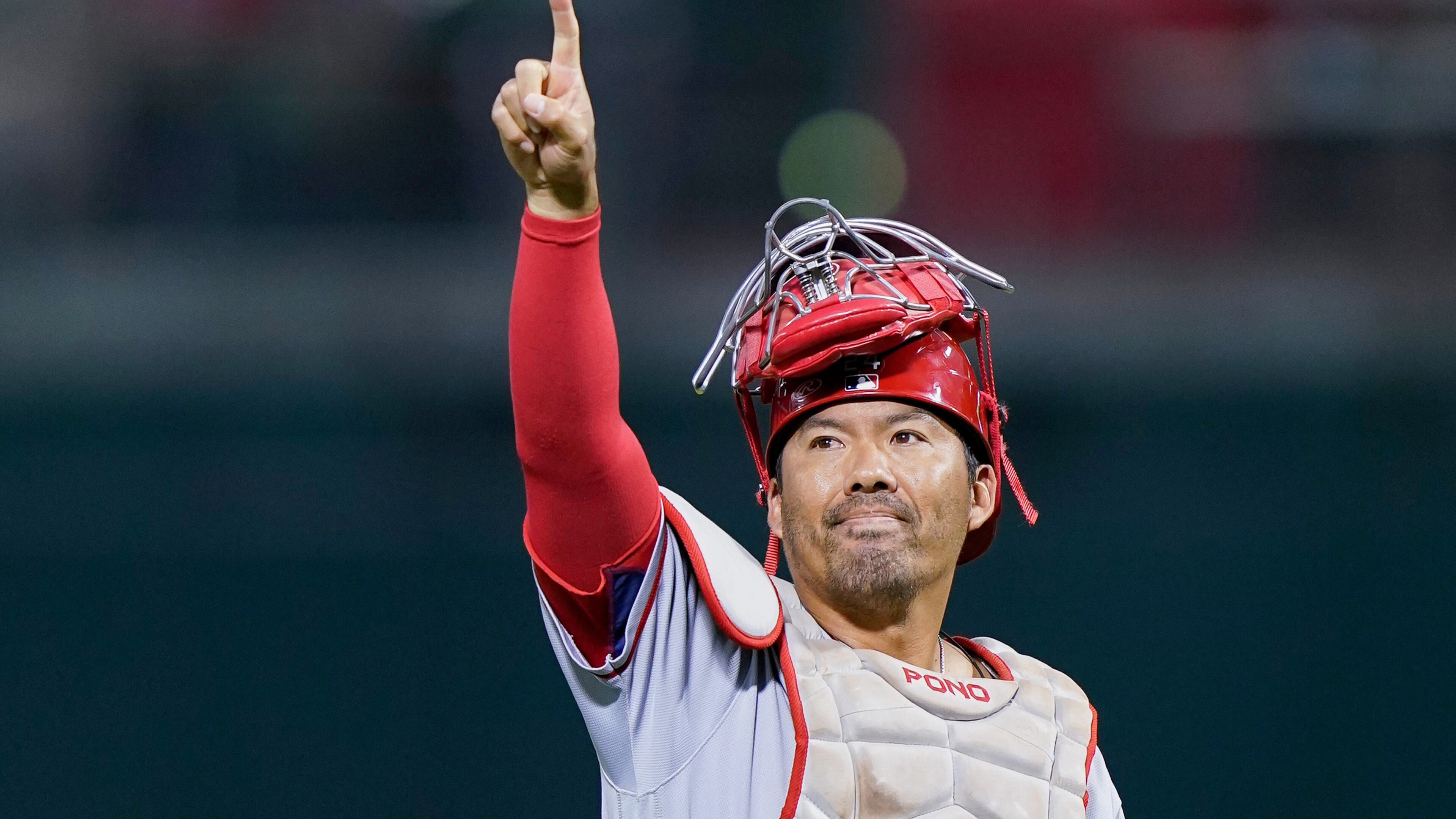 FILE - Los Angeles Angels catcher Kurt Suzuki gestures as he leaves a baseball game against the Oakland Athletics during the first inning in Oakland, Calif., Tuesday, Oct. 4, 2022. (AP Photo/Godofredo A. Vásquez, File)