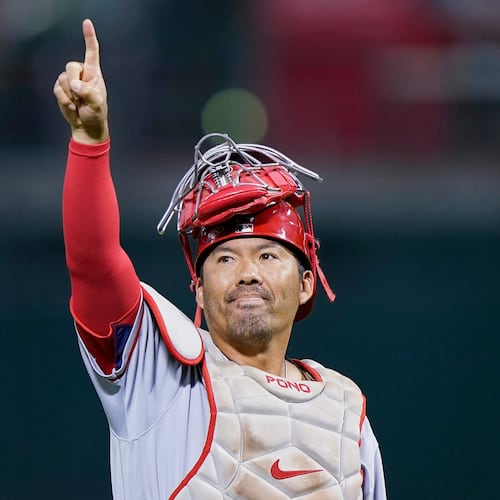 FILE - Los Angeles Angels catcher Kurt Suzuki gestures as he leaves a baseball game against the Oakland Athletics during the first inning in Oakland, Calif., Tuesday, Oct. 4, 2022. (AP Photo/Godofredo A. Vásquez, File)