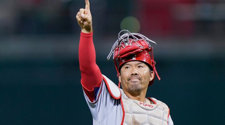 FILE - Los Angeles Angels catcher Kurt Suzuki gestures as he leaves a baseball game against the Oakland Athletics during the first inning in Oakland, Calif., Tuesday, Oct. 4, 2022. (AP Photo/Godofredo A. Vásquez, File)