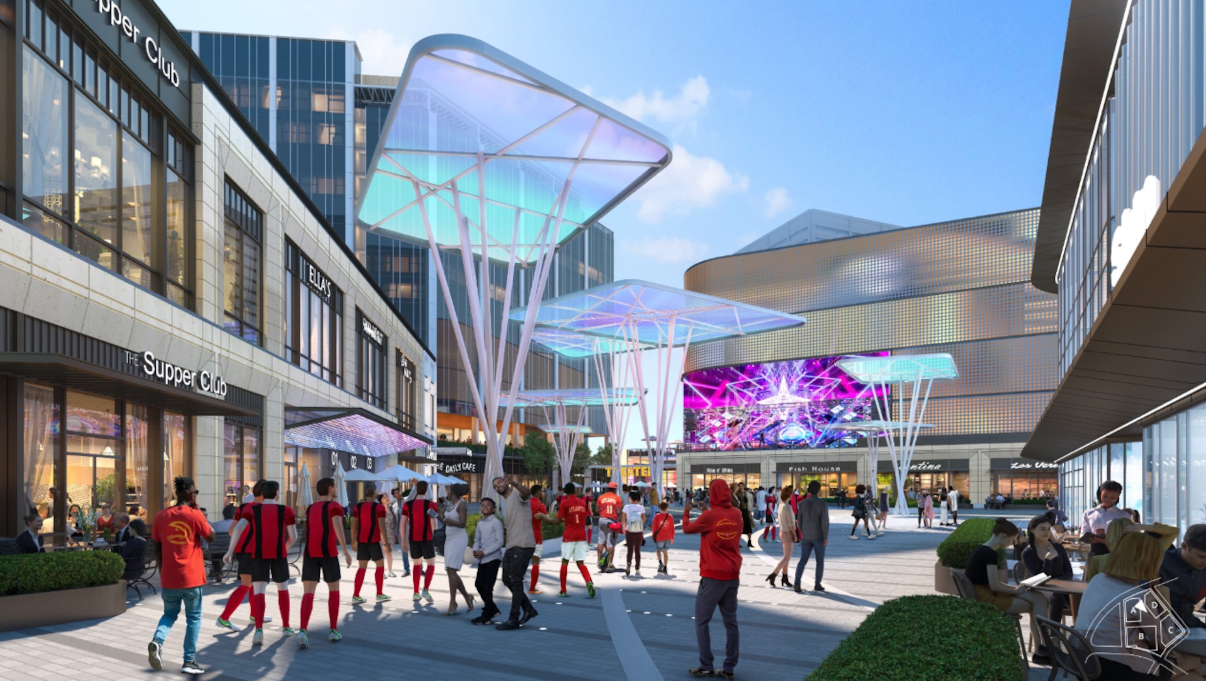 A ground-level rendering of the planned entertainment district that will make up the center of the Centennial Yards development in downtown Atlanta. The project was designed by Atlanta architecture firm Gensler. (Courtesy of Gensler)