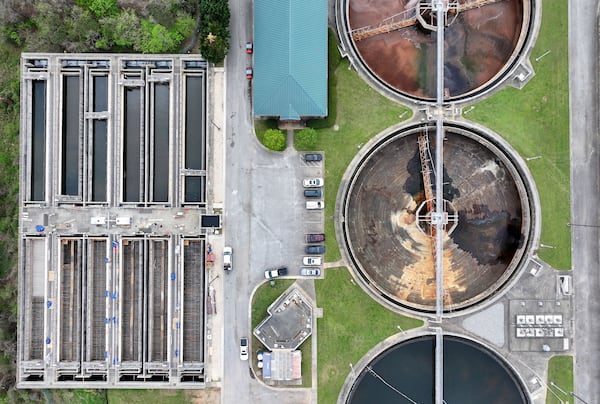 Aerial photo shows R.L. Sutton Water Reclamation Facility, where Cobb County is preparing to restart two incinerators for sewage sludge, Wednesday, April 2, 2025, in Smyrna. (Hyosub Shin / AJC)