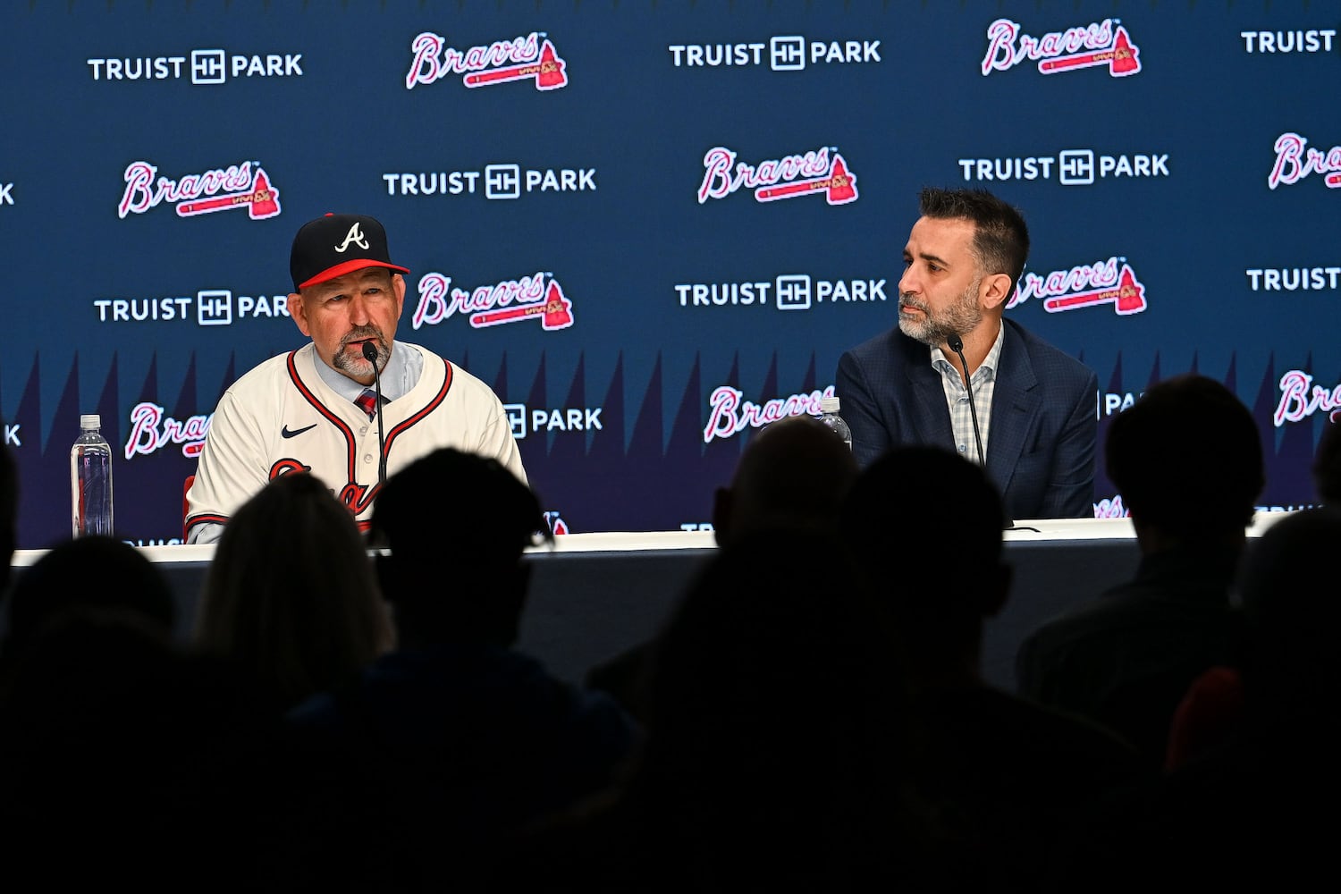 Newly hired Braves manager Walt Weiss (left) and president of baseball operations Alex Anthopoulos attend a news conference Tuesday, Nov. 4, 2025, at Truist Park in Atlanta. (Daniel Varnado for the AJC)
