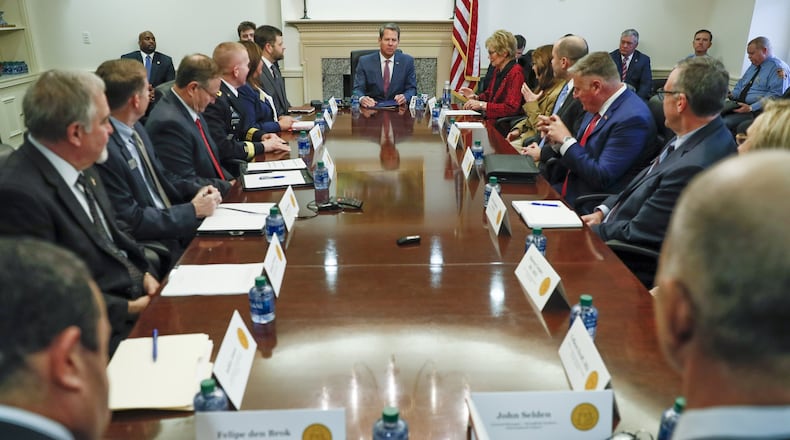 February 28, 2020 - Atlanta - Governor Brian Kemp addressed the newly formed Governor’s Coronavirus Task Force. State School Superintendent Richard Woods is seated second from left. Bob Andres / robert.andres@ajc.com