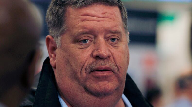 FILE - Trainer Dale Romans talks about his Kentucky Derby entrant, J Boys Echo, drawing post position No. 13 for Saturday's race at Churchill Downs in Louisville, Ky., Wednesday, May 3, 2017. (AP Photo/Garry Jones, file)