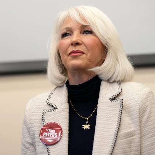 FILE - Candidate Tina Peters speaks during a debate for the state leadership position, Feb. 25, 2023, in Hudson, Colo. (AP Photo/David Zalubowski, File)