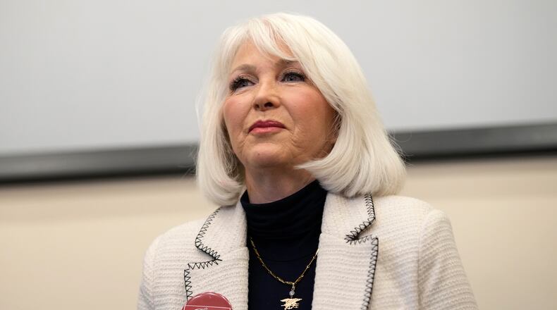 FILE - Candidate Tina Peters speaks during a debate for the state leadership position, Feb. 25, 2023, in Hudson, Colo. (AP Photo/David Zalubowski, File)
