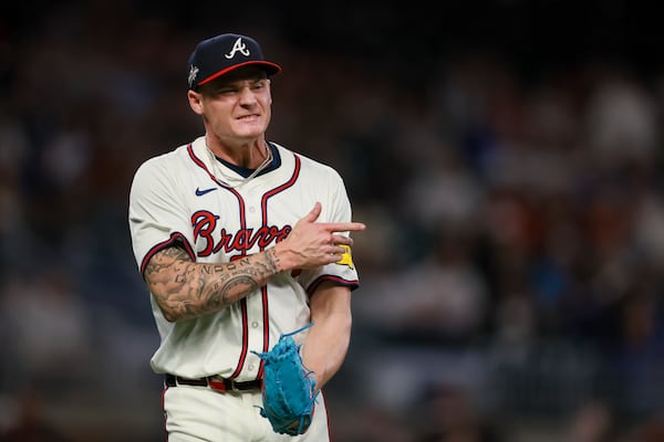 Braves pitcher AJ Smith-Shawver was fired up after closing out the eighth inning against Cincinnati on Monday.