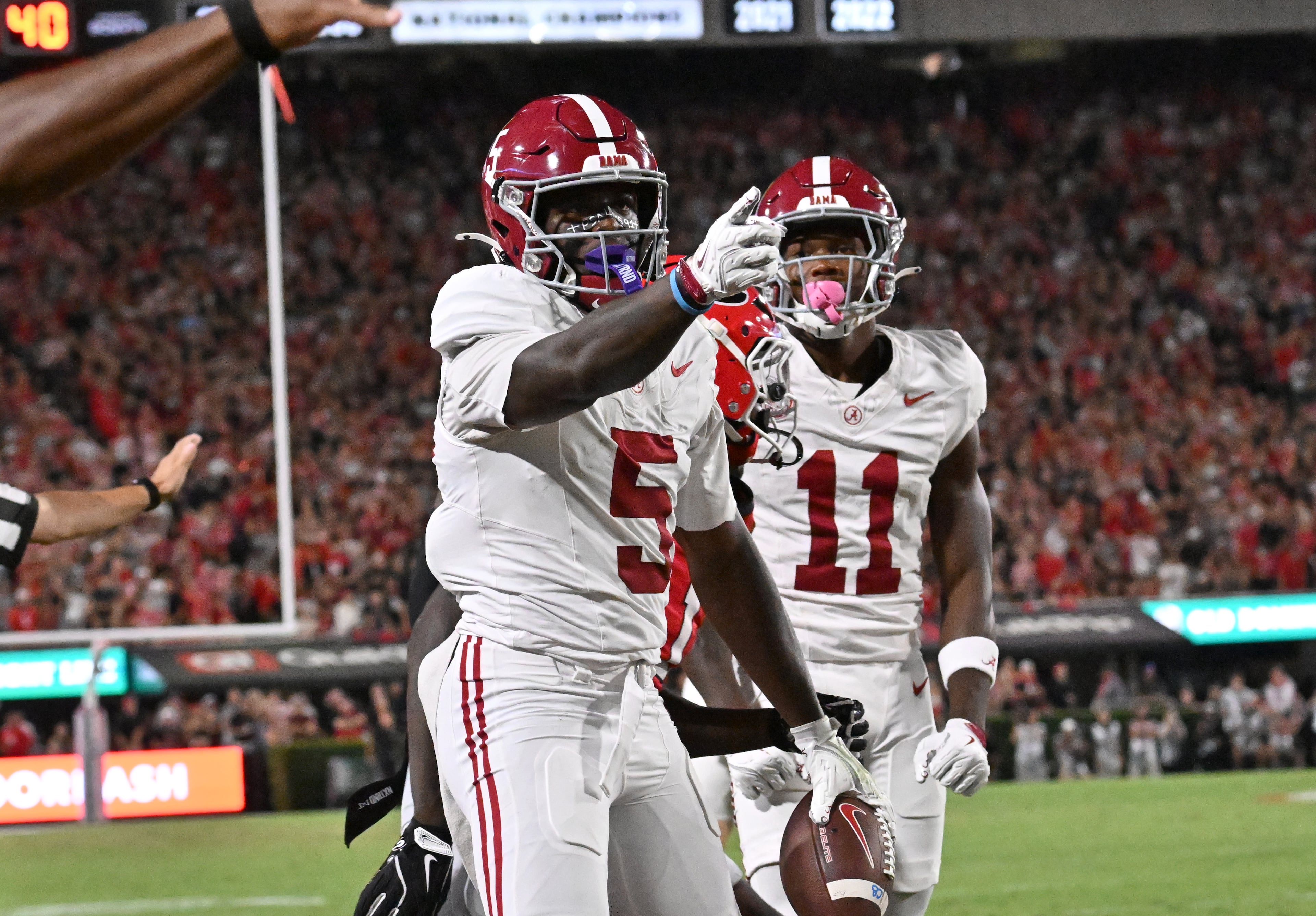 Alabama wide receiver Germie Bernard (5) reacts during the first half in an NCAA football game at Sanford Stadium, Saturday, September 27, 2025, in Athens. (Hyosub Shin / AJC)