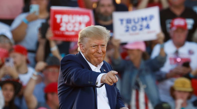 Former President Donald Trump pointed toward the crowd after speaking during his first 2024 campaign rally on March 25, 2023, at Waco Regional Airport in Waco. (Shafkat Anowar/The Dallas Morning News/TNS)