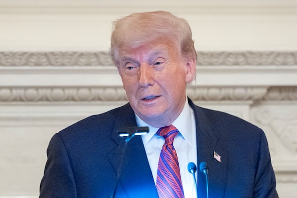 President Donald Trump speaks during a dinner for Republican senators in the State Dining Room of the White House, Friday, July 18, 2025, in Washington. (AP Photo/Alex Brandon)