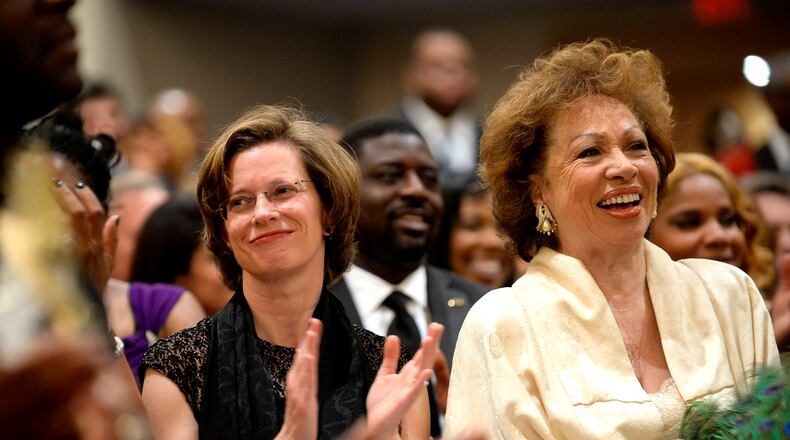Senatorial candidate Michelle Nunn, left, joins the wife of former Atlanta Mayor Maynard Jackson, Valerie Jackson, at a VIP reception for the annual Mayor's Masked Ball to benefit the United Negro College Fund on Saturday, Dec. 21, 2013, in Atlanta. David Tulis / AJC Special Michelle Nunn on the campaign trail. Bob Andres, bandres@ajc.com