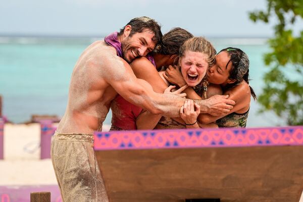 Eva Erickson gets hugged by her team on "Survivor" after winning an immunity challenge on the fourth episode of season 48 of the long-running reality competition show. (Robert Voets/CBS)