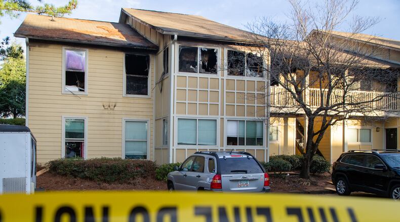 About 30 people were evacuated when a fire broke out in the 100 building of the Bloom at Dawson apartments in Norcross early Thursday. (PHIL SKINNER FOR THE ATLANTA JOURNAL-CONSTITUTION)