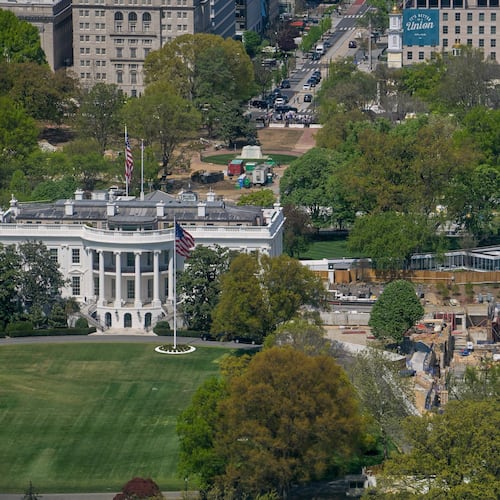 Work continues on the construction of the ballroom at the White House, Thursday, April 9, 2026, in Washington, where the East Wing once stood. (AP Photo/Rod Lamkey, Jr.)