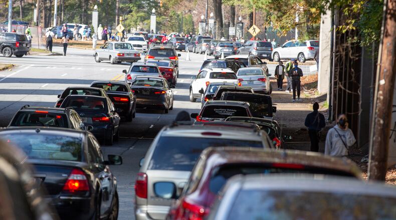 Traffic backs up on Astor Avenue SW near the Tyler Perry Studios on Sunday, November 22, 2020.  (Photo: Steve Schaefer for The Atlanta Journal-Constitution)