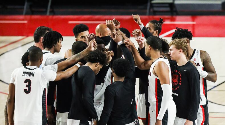 Georgia huddles during the Bulldogs’ home opener against Florida A&M in Athens, Ga., at Stegeman Coliseum on Sun., Nov. 29, 2020. (Photo by Chamberlain Smith/UGA Athletics)