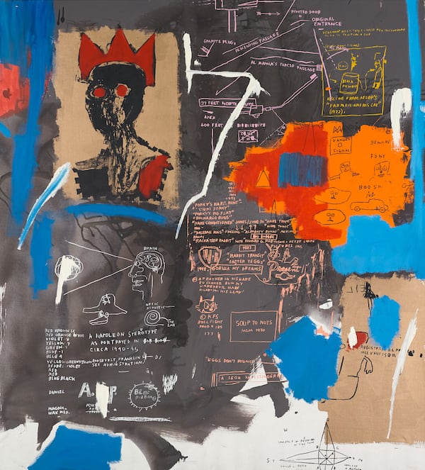 Jean-Michel Basquiat, "Blue Ribbon II" (1984), acrylic, oil stick and screen print on canvas, private collection. (© Estate of Jean-Michel Basquiat. Licensed by Artestar, New York.)