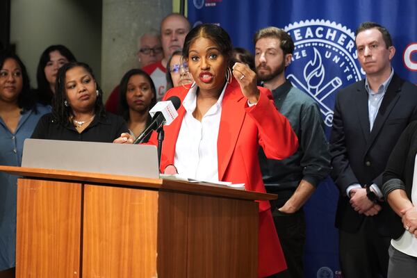 The Chicago Teachers Union (CTU) President Stacy Davis Gates speaks about Teachers Union to Announce Historic Contract Ratification Vote Results during news conference at CTU headquarters in Chicago, Monday, April 14, 2025. (AP Photo/Nam Y. Huh)