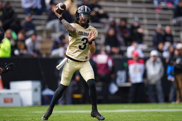 Colorado quarterback Kaidon Salter throws during an NCAA college football spring game, Saturday, April 19, 2025, in Boulder, Colo. (AP PhotoJack Dempsey)