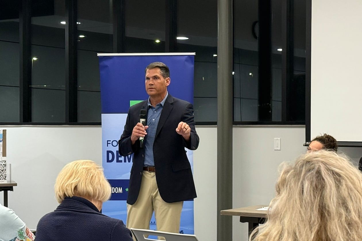 Former Lt. Gov. Geoff Duncan, a Democratic candidate for governor, spoke to a meeting of Forsyth County Democrats on Tuesday. (Greg Bluestein/AJC)