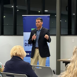 Former Lt. Gov. Geoff Duncan, a Democratic candidate for governor, spoke to a meeting of Forsyth County Democrats on Tuesday. (Greg Bluestein/AJC)