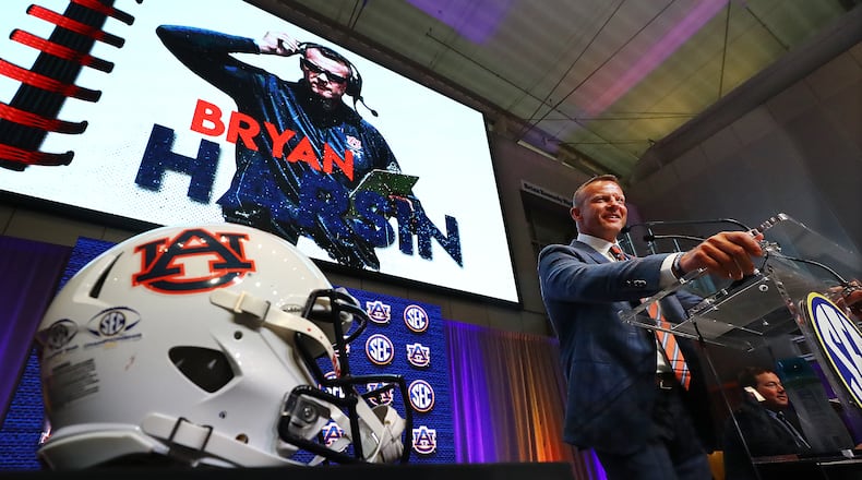 Auburn coach Bryan Harsin holds his press conference at SEC Media Days in the College Football Hall of Fame on Thursday, July 21, 2022, in Atlanta.   “Curtis Compton / Curtis Compton@ajc.com”