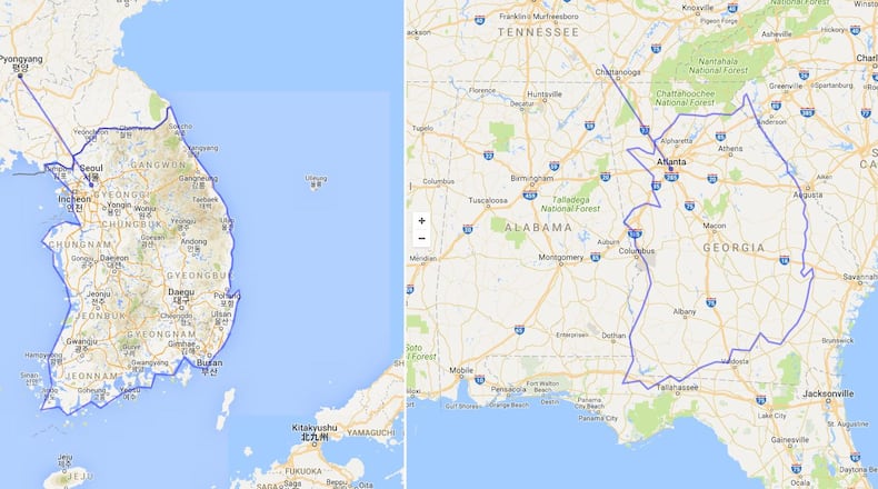 South Korea is approximately the same size as Georgia - and like the Peach State, the capital of the country is in the northern corner, positioning it very close to the hostile border with North Korea.