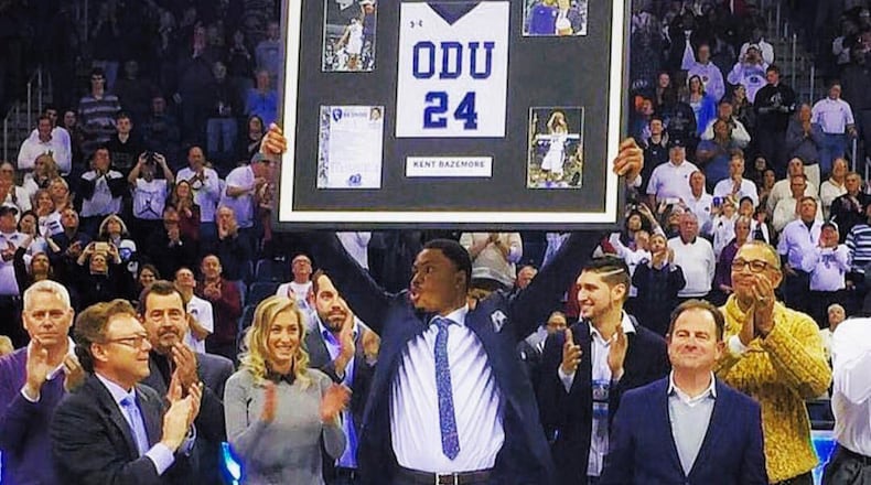 Atlanta Hawks’ Kent Bazemore had his jersey retired by Old Dominion University on Saturday (Photo from Old Dominion men’s basketball Twitter account)