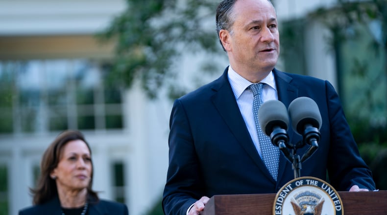 Doug Emhoff, the husband of Democratic presidential candidate Kamala Harris, spoke to a crowd of about 100 Savannah-area Democrats invited to a campaign event in the city. (Bonnie Cash/The New York Times)