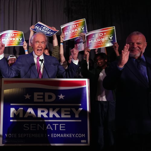 U.S. Sen. Edward Markey, D-Mass., speaks alongside his wife Susan Blumenthal after winning the Democratic nomination during a primary election night event Tuesday, Sept. 1, 2026, in Boston. (AP Photo/Charles Krupa)