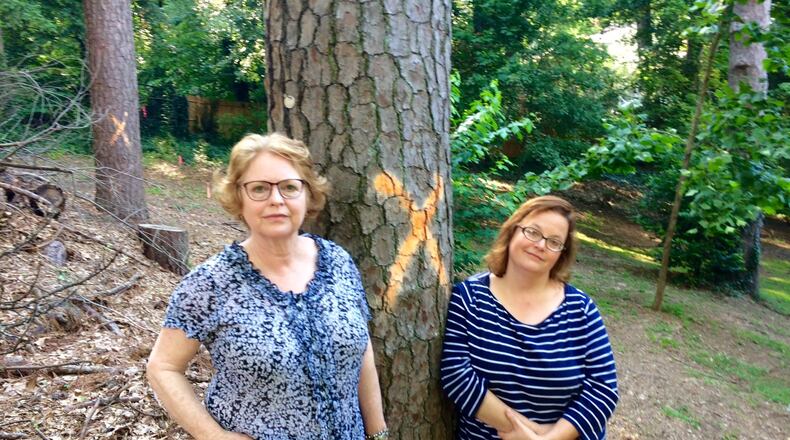 Pat Reynolds, left, and Laura Dobson, two Peachtree Hills residents who have fought the removal of trees in a park, stand by a tree marked for destruction. Photo by Bill Torpy