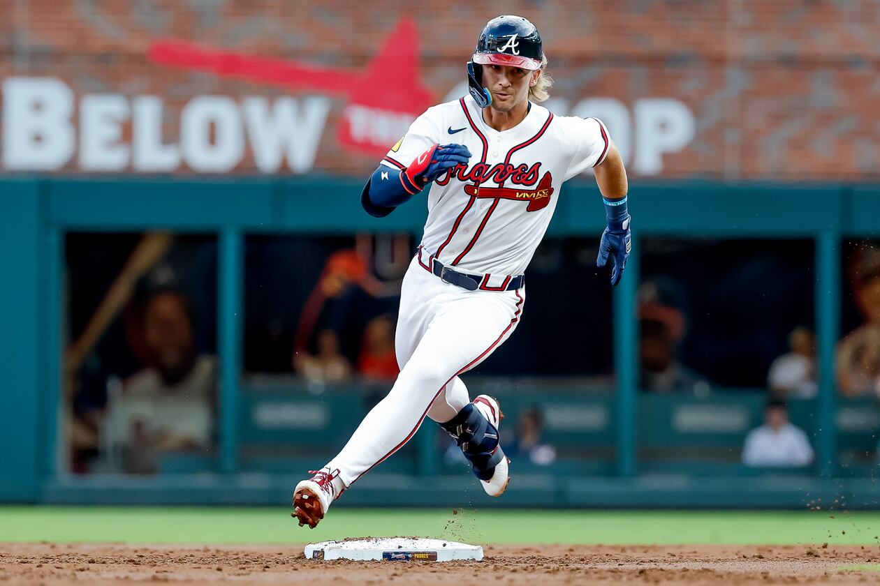 Atlanta Braves' Jim Jarvis rounds second base after hitting a two-run triple against the San Diego Padres during the second inning of a baseball game, Tuesday, July 21, 2026, in Atlanta. (AP Photo/Erik S. Lesser)