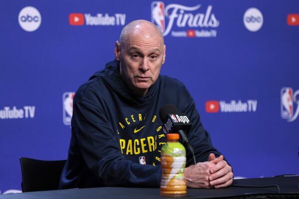 Indiana Pacers coach Rick Carlisle speaks during a news conference, Wednesday, June 4, 2025, ahead of Game 1 of the NBA Finals basketball series against the Oklahoma City Thunder in Oklahoma City. (AP Photo/Nate Billings)