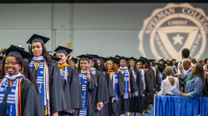 Graduates at Spelman College commencement on Sunday, May 21, 2023 at the Georgia International Convention Center. (Jenni Girtman for The Atlanta Journal-Constitution)
