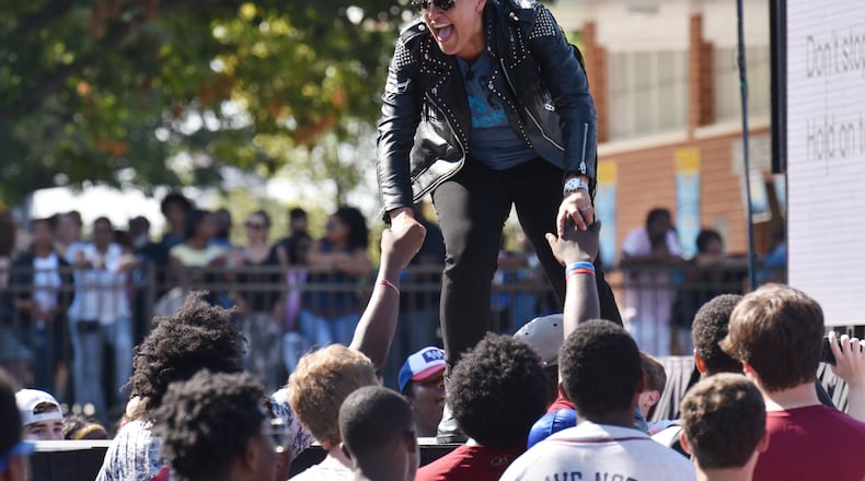 Atlanta Public Schools Superintendent Meria Carstarphen delivers her 2018 State of the District address in a non-traditional way while dancing and performing with students during the annual State of the District event at the Walden Sports Complex on Friday, October 5, 2018. AJC file photo HYOSUB SHIN / HSHIN@AJC.COM