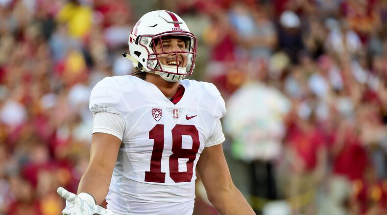LOS ANGELES, CA - SEPTEMBER 19: Austin Hooper #18 of the Stanford Cardinal argues for a pass interference call during the second quarter against the USC Trojans at Los Angeles Coliseum on September 19, 2015 in Los Angeles, California. (Photo by Harry How/Getty Images)